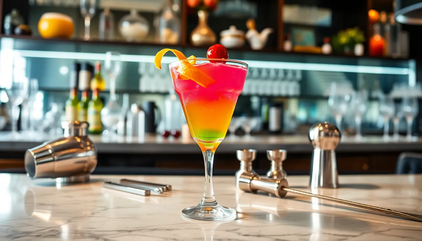 a colorful Pandoramantini cocktail on a sleek bar countertop.